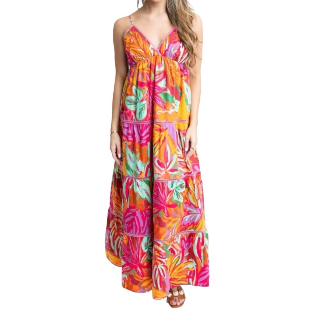 Tropical Palm Print Halter Tiered Maxi Dress Size M
